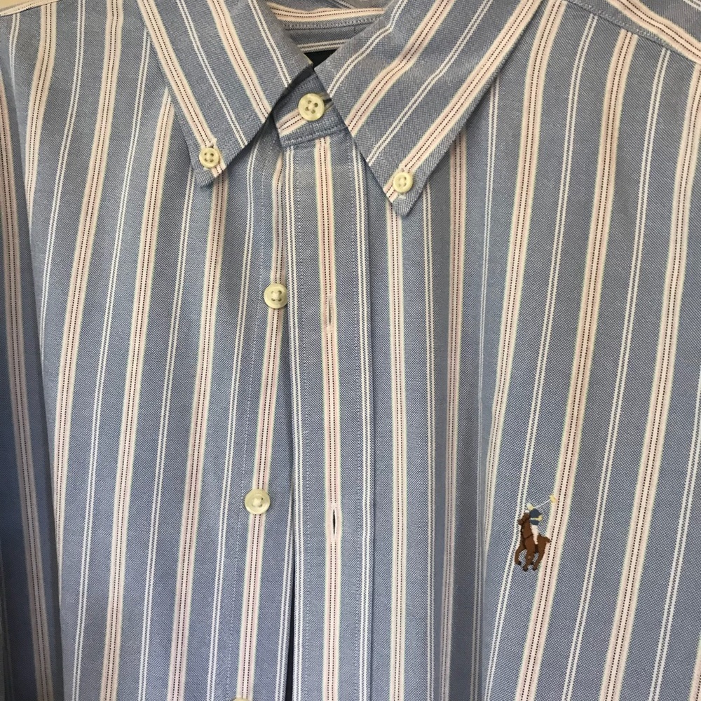 Men’s Ralph Lauren button down blue dress shirt.